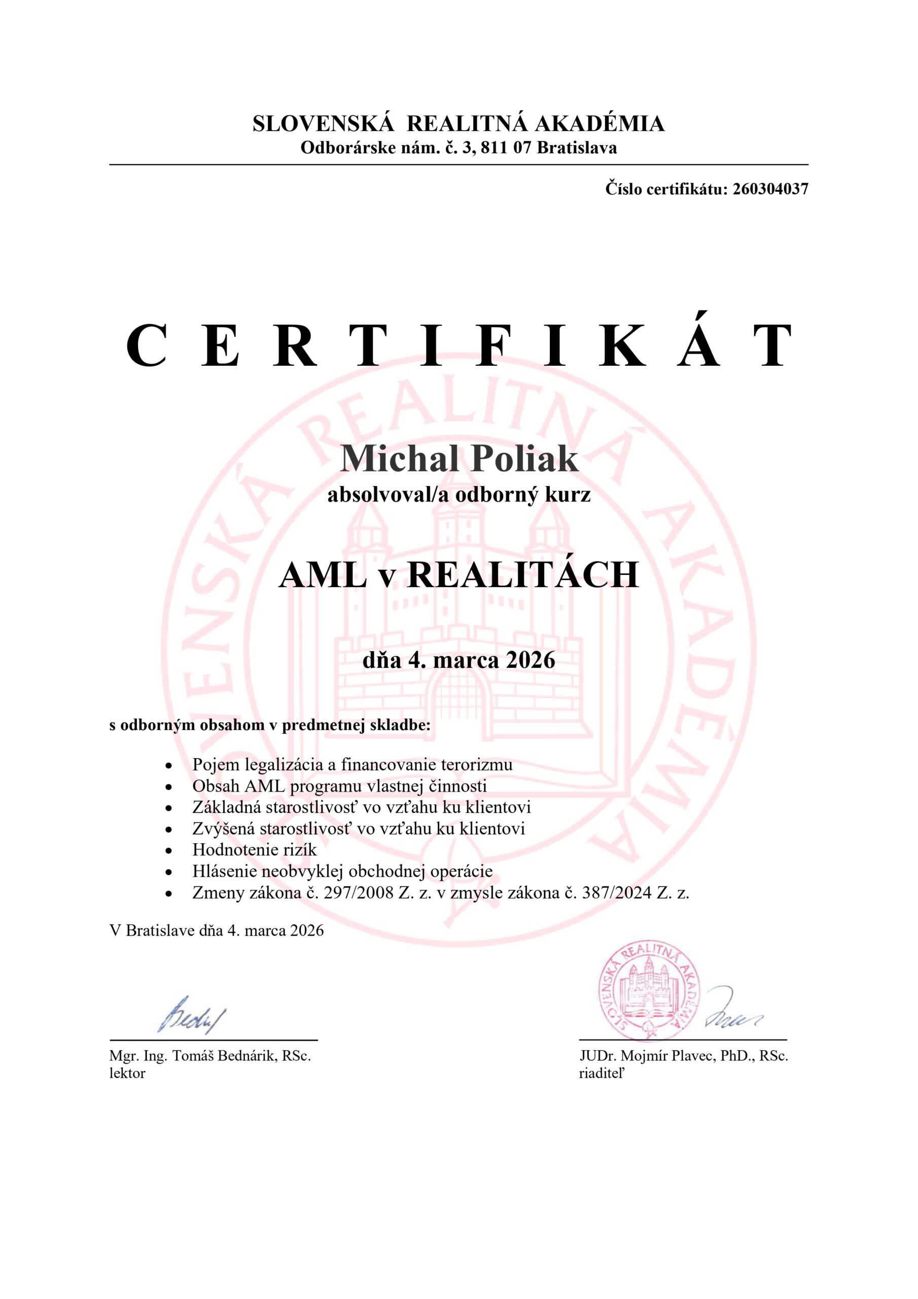 certifikát AML v realitách